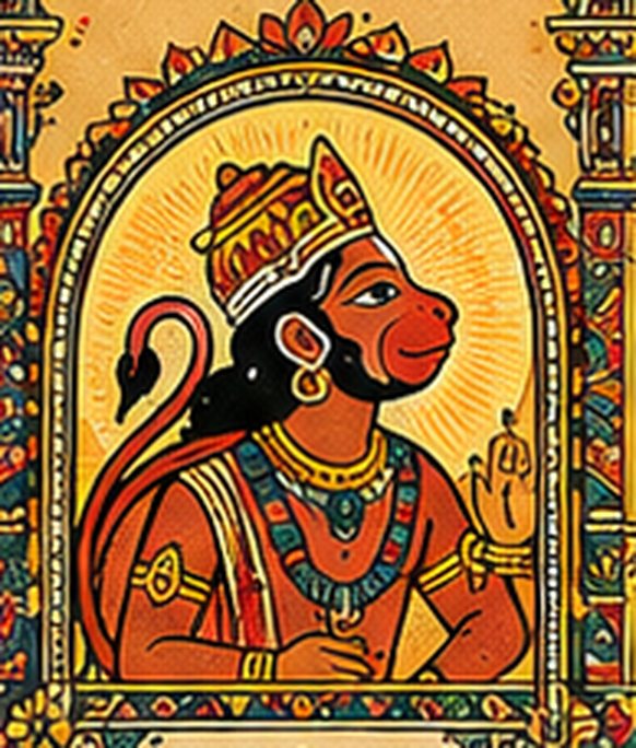 Hanuman ji in an ornate temple arch, hand raised in blessing
