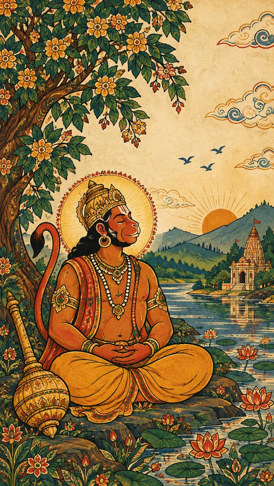 Hanuman seated in meditation beside a river and a temple