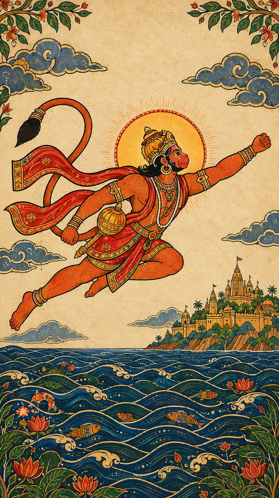 Hanuman leaping across the ocean towards Lanka