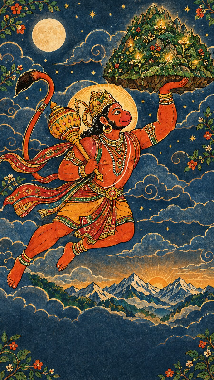 Hanuman flying through the night sky carrying the Dronagiri mountain