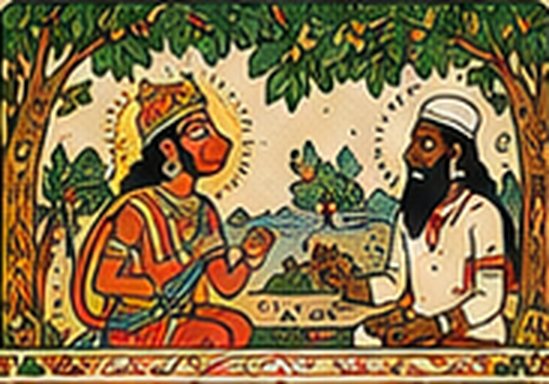 Hanuman ji seated with a sage beside a river, in folk-painting style